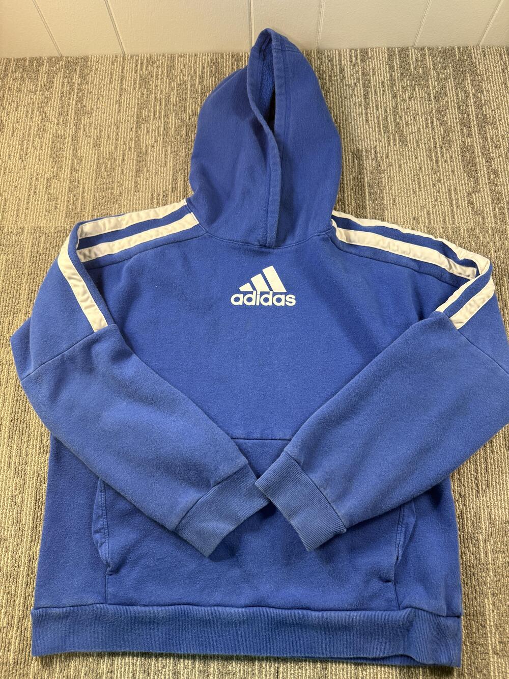 Adidas Hoodie Boys XL 18/20 Blue Pullover Fleece Sweatshirt 3-Stripes Logo